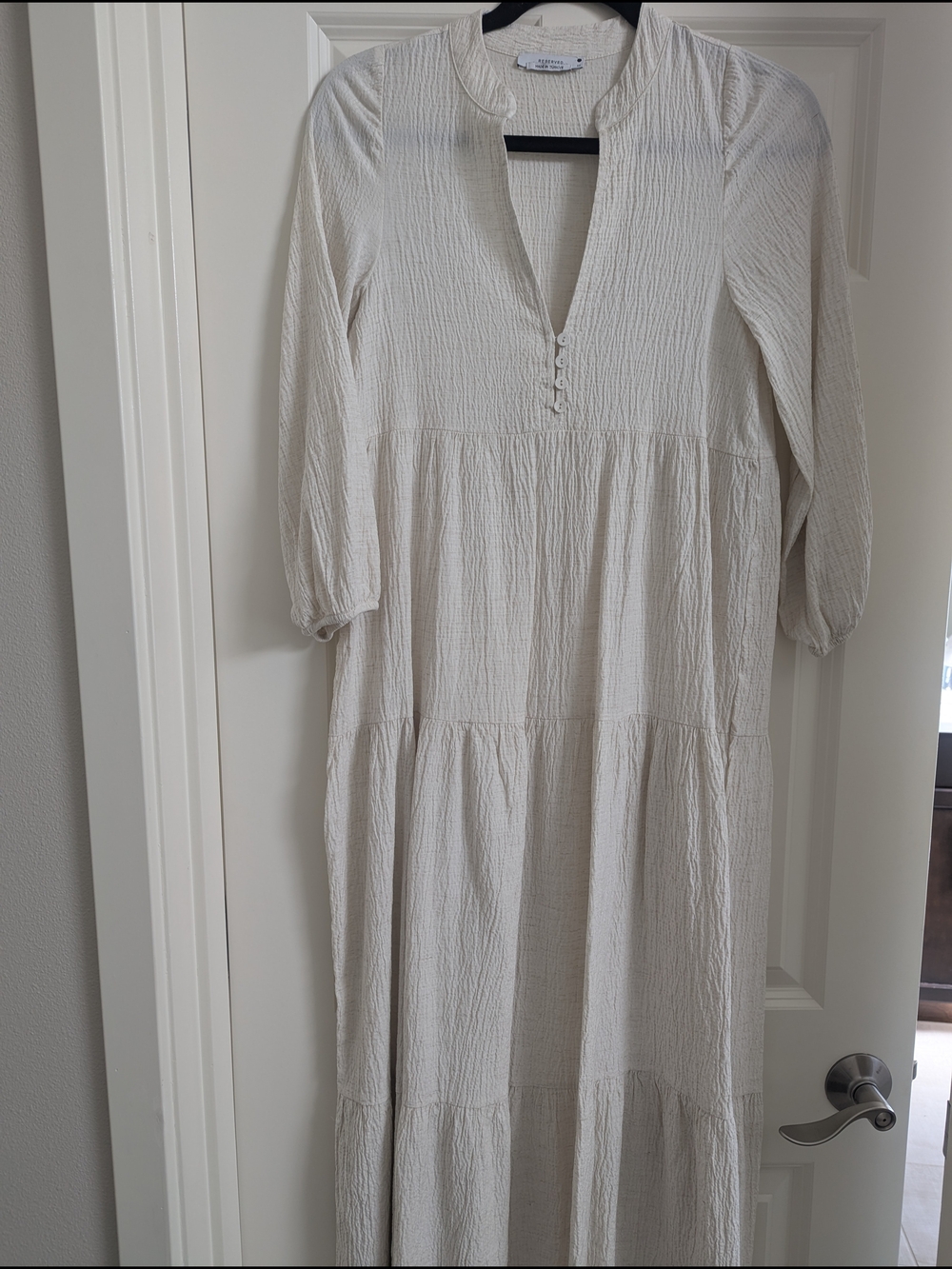 Reserved Cream Textured Tiered Maxi Dress with Button Placket